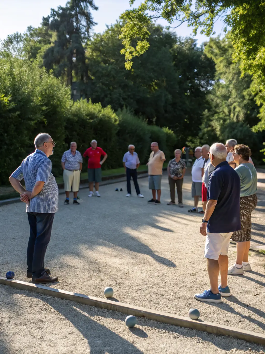 A photo of a pétanque training session in progress, with a coach demonstrating a throwing technique to a group of attentive players.