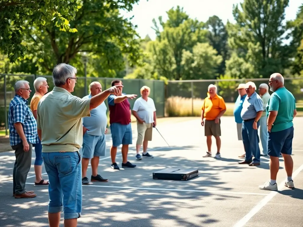 A vibrant image capturing a pétanque training session in Gex, France, with participants of various ages engaged in learning throwing techniques under the guidance of an instructor. The backdrop features the scenic views of the town.