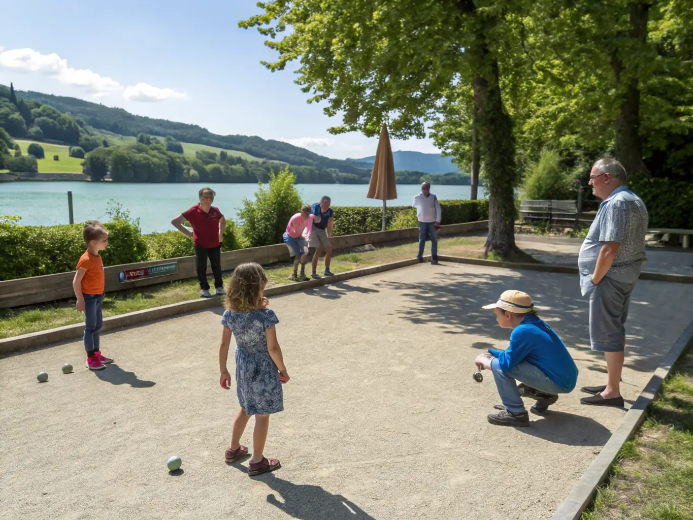 A heartwarming image of a Pétanque Gessienne community event, showing members and their families enjoying a friendly game and socializing in a park. The atmosphere is relaxed and inclusive, highlighting the community spirit.