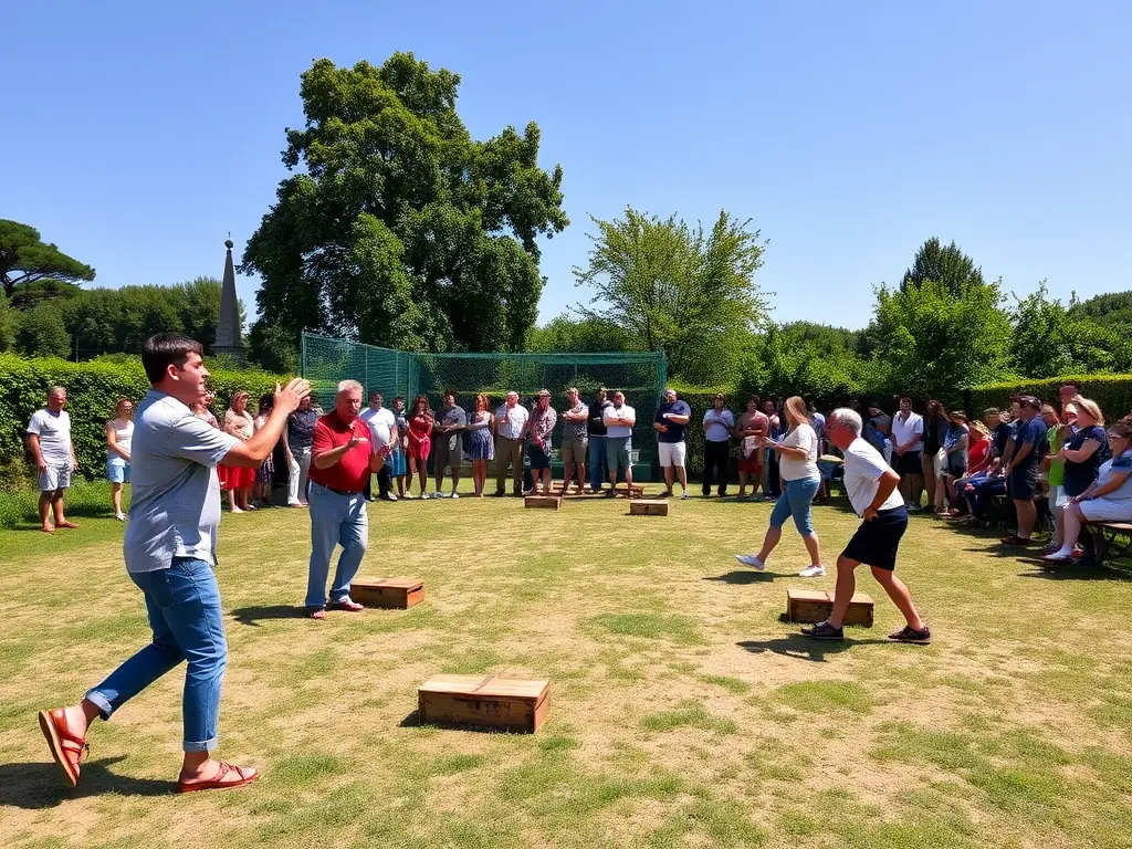 An action shot from a local pétanque competition organized by Pétanque Gessienne, showcasing intense gameplay and sportsmanship among the participants. The image captures the excitement and competitive spirit of the event.